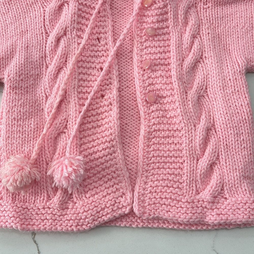 Handmade Pink Infant Girls Cable Knit Hand Made Hoodie Sweater Tassels 18-24M - Picture 3 of 11